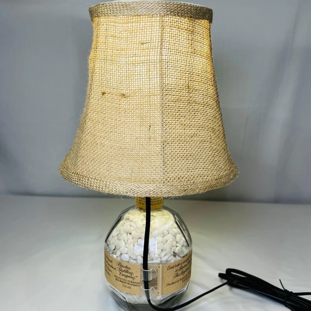 Blantons Bourbon Bottle Lamp Custom White Stone Fill Burlap Shade Rustic Decor‎